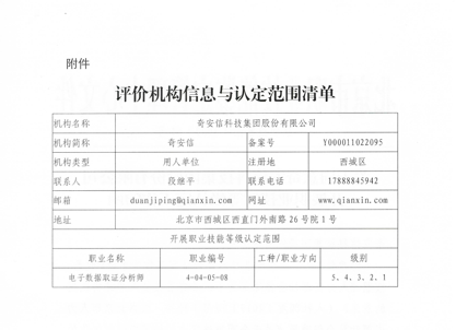 奇安信通过人社部电子数据取证分析师企业内部职业技能等级认证资质