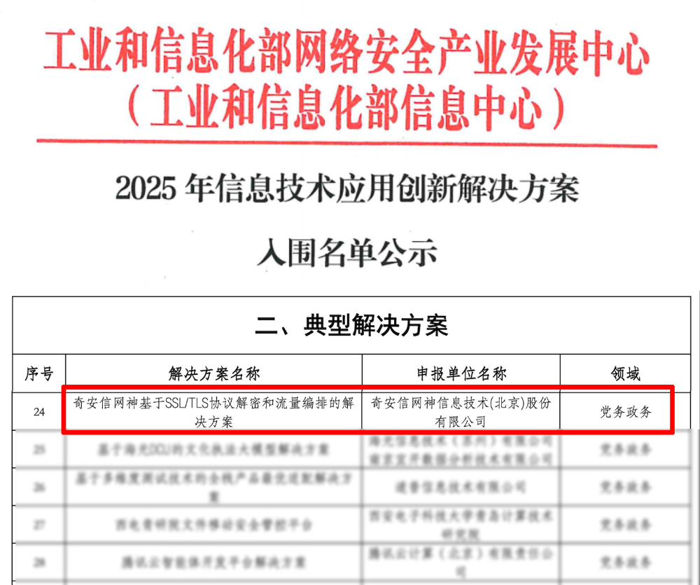 奇安信网神加密流量解密与编排方案入选工信部信创典型解决方案